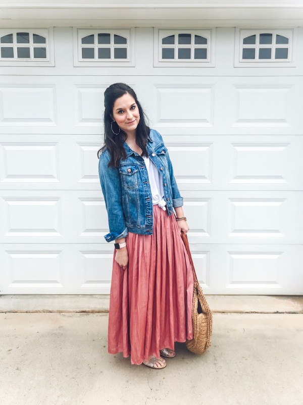 style on a budget, spring outfit, j. crew skirt, how to wear a denim jacket, north carolina blogger, mom style, casual spring outfit