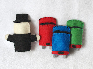 Back view of Thomas the Tank Engine felt finger puppets handmade by Joanne Rich.