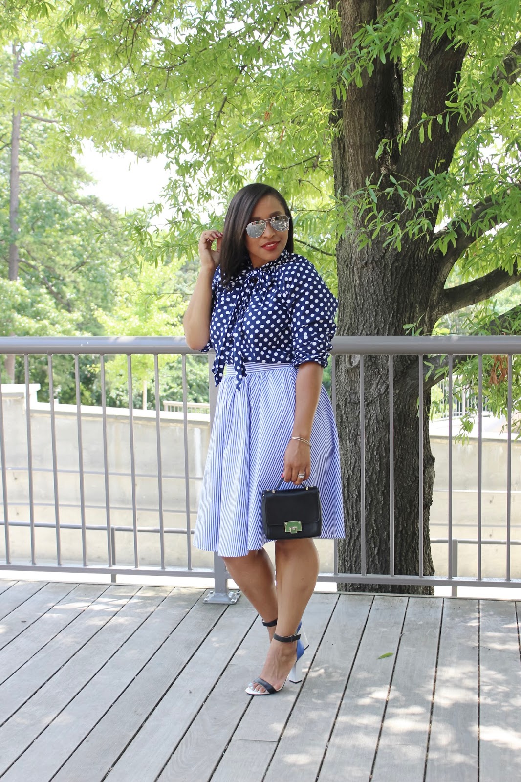 Shoes of prey, deisgn your own shoes, summer looks, dc blogger, twirl, blue outfits, midi skirt, striped shirt, ankle strao heels, polka dot shirt, walking in the street