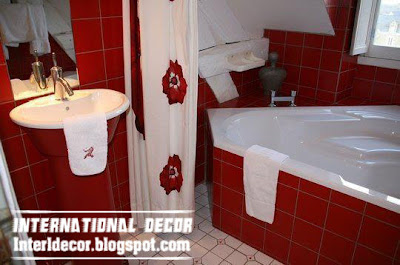 red tones in bathroom tiles and red accessories for bathroom