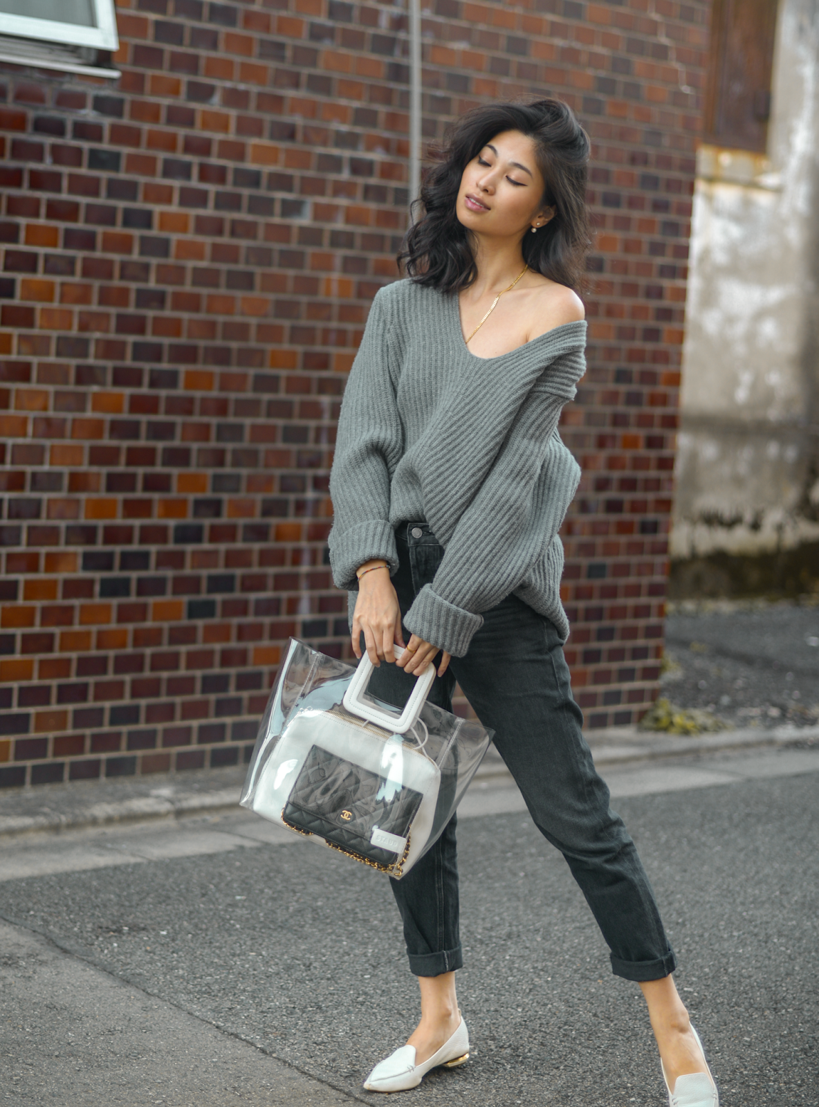 Grey sweater, fall outfits ideas with grey sweater, casual outfits with sweaters, clear PVC bag, Chanel WOC with clear bag, Nicholas Kirkwoods flats outfit ideas, personal style blogger, Tokyo style blogger, New York fashion blog FOREVERVANNY