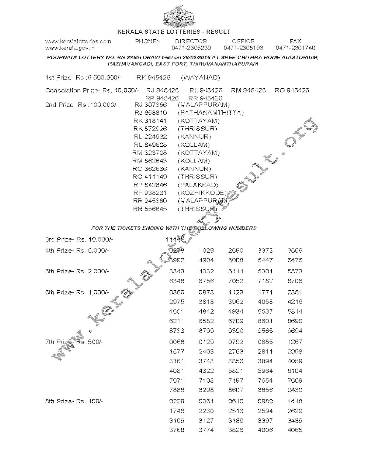 POURNAMI Lottery RN 226 Result 28-02-2016