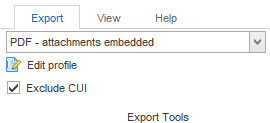 Screen shot of MailDex software Export tab, showing location of "Exclude CUI" option.   Image © Encryptomatic LLC. All rights reserved.