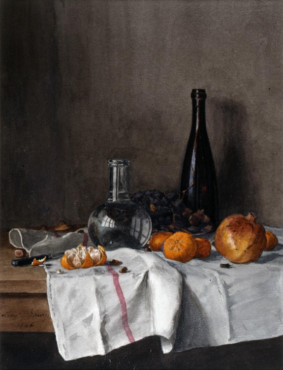 Léon Bonvin  French, 1864  Still Life with Wine, Water, Fruit, Nuts as seen on linen & lavender (l&l)