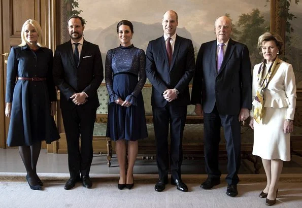 Kate Middleton wears a jacket by Catherine Walker and a maternity dress by Seraphine brand. Mette Marit wore Manolo Blahnik pumps. Queen Sonja