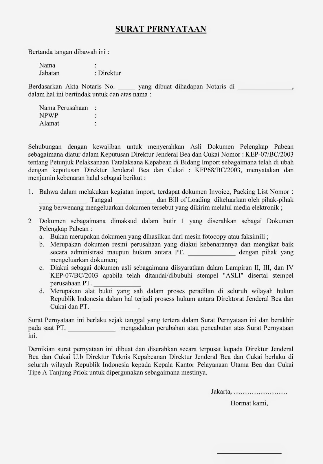 Berikut contoh Surat Pernyataan SE 21.