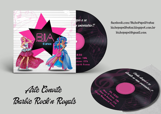 Convite Barbie Rock'n Royals disco vinial diferente cd