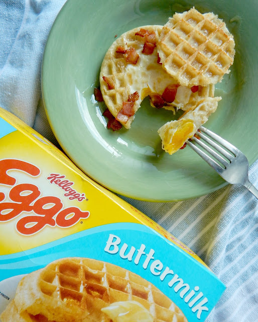 Open Faced Egg-in-the-Hole Waffle Sandwich...back-to-school season is upon us and our kids need to start their day {and year} off right!  Eggo has partnered with Scholastic to help fuel kids' mind and body for the school year ahead.  This creative breakfast of a toasted waffle, fried egg, crispy bacon and maple syrup is top notch!  @eggorecipes #ad #LoveMyEggo #ReadingWithEggo (sweetandsavoryfood.com)