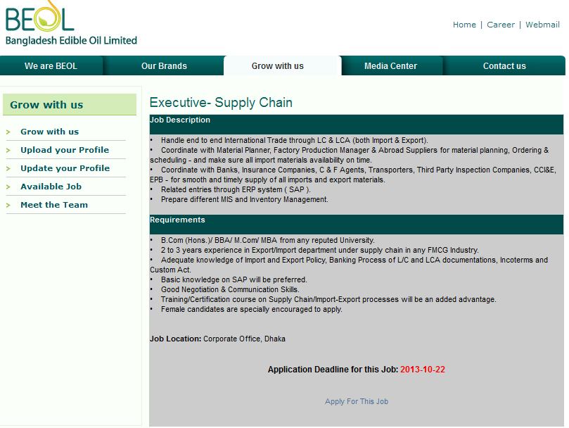 Bangladesh Edible Oil Limited (BEOL) Career 2013 Executive Supply Chain