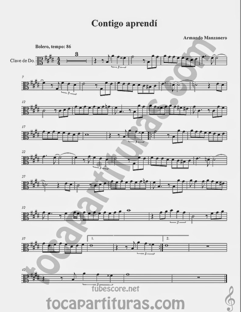 Contigo Aprendí Partitura en Clave de  Do para Viola y otros instrumentos en Clave de Do en 3º Línea… Viola Sheet Music in C clef