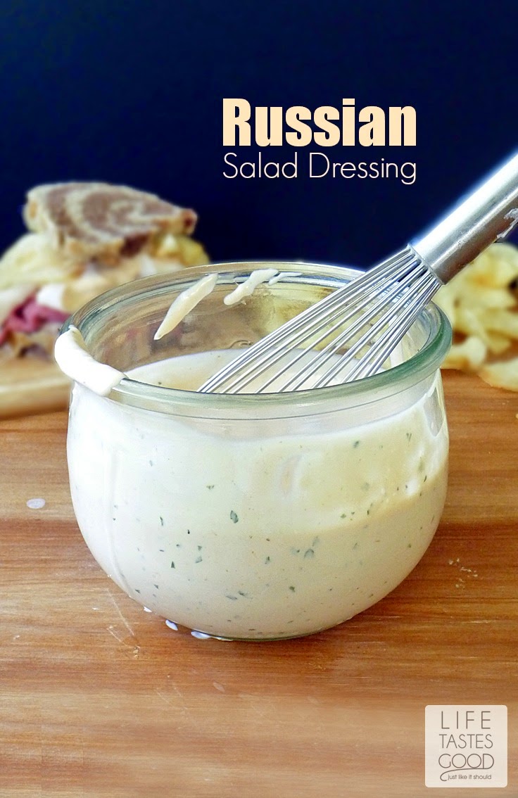 Homemade Russian Salad Dressing | by Life Tastes Good has a pleasantly sharp flavor that livens up a salad, but is most delicious on a sandwich or hamburger too. #RussianDressing #Sandwich