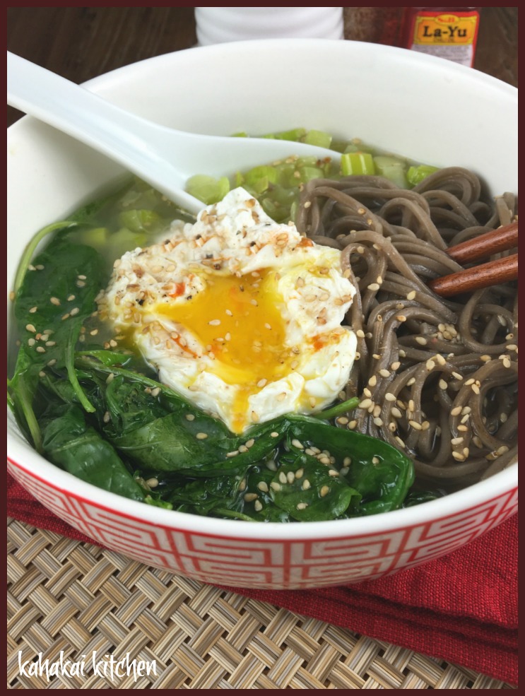 Kahakai Kitchen Lemongrass Miso Soup with Soba Noodles and Poached Egg