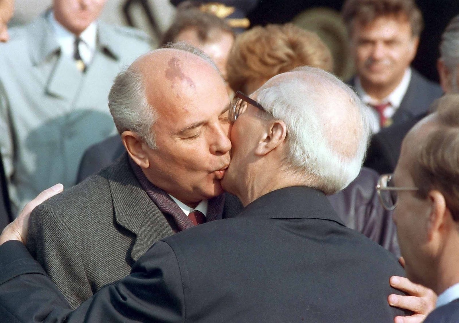 Gorbachev and Honecker sharing another socialist kiss in 1989. Picture taken during the celebration of the 40th anniversary of the German Democratic Republic's creation in East Berlin.