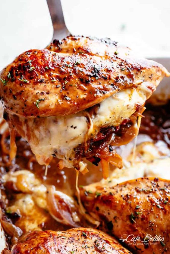 French Onion Stuffed Chicken Casserole Oven Baked French Onion Stuffed Chicken Casserole Recipe! Succulent boneless chicken breasts stuffed with soft, caramelized onions and glorious melted cheese. 