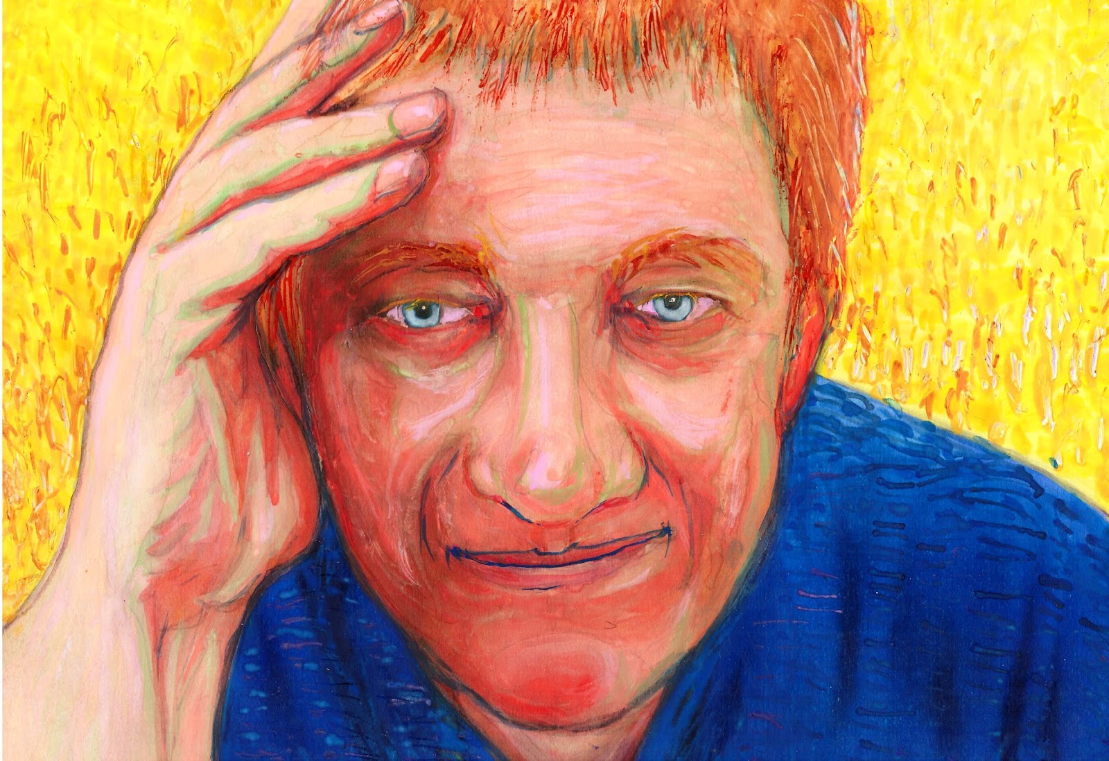 дэвид уолкер. декоративный портрет. художник франсуаза нилли. мужчина рисует. творческий портрет человека.