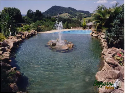 Construção da piscina de alvenaria com construção do lago com pedra e execução do chafariz com a execução do paisagismo.