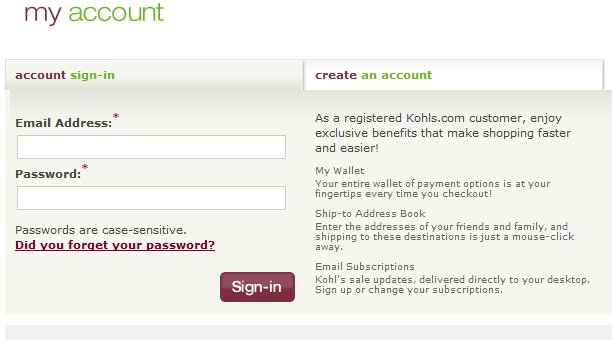 Kohl's login page screenshot