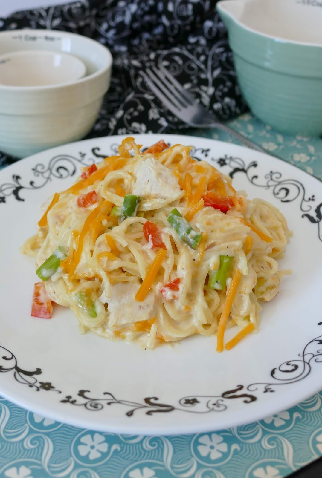 Hot Eats and Cool Reads Cheesy Chicken and Asparagus Spaghetti Casserole Recipe