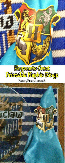 Keep your house necessities together with these printable Hogwarts crest napkin rings. These printable napkin rings are a great addition to your Harry Potter dinner party.  You can use them to coral those napkins, silverware, or even wrap them around cups and glasses to keep the Hogwarts spirit alive and well at your party. #napkinring #printableparty #harrypotter #hogwarts #diypartymomblog