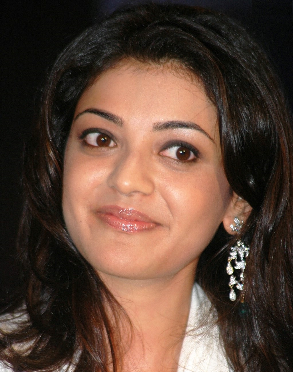 Tollywood Queen Kajal Agarwal Close Up Face Stills In White Dress