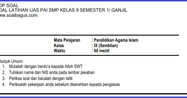 Soal Uas Pai Smp Mts Kelas 9 Semester 1 Ganjil Soalbagus Com