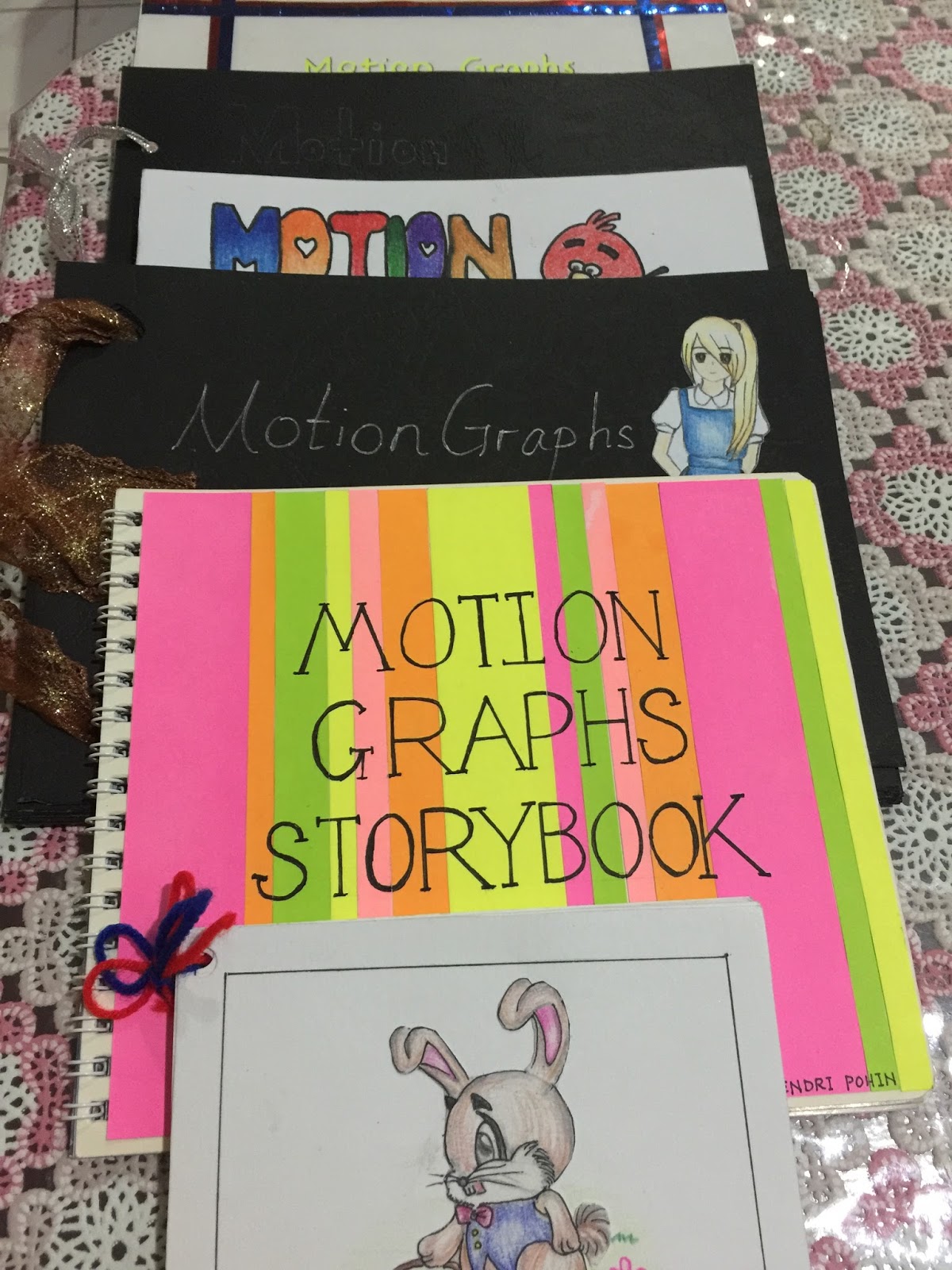 PHYSICS MOTION GRAPHS STORY BOOK STUDENTS' WORK