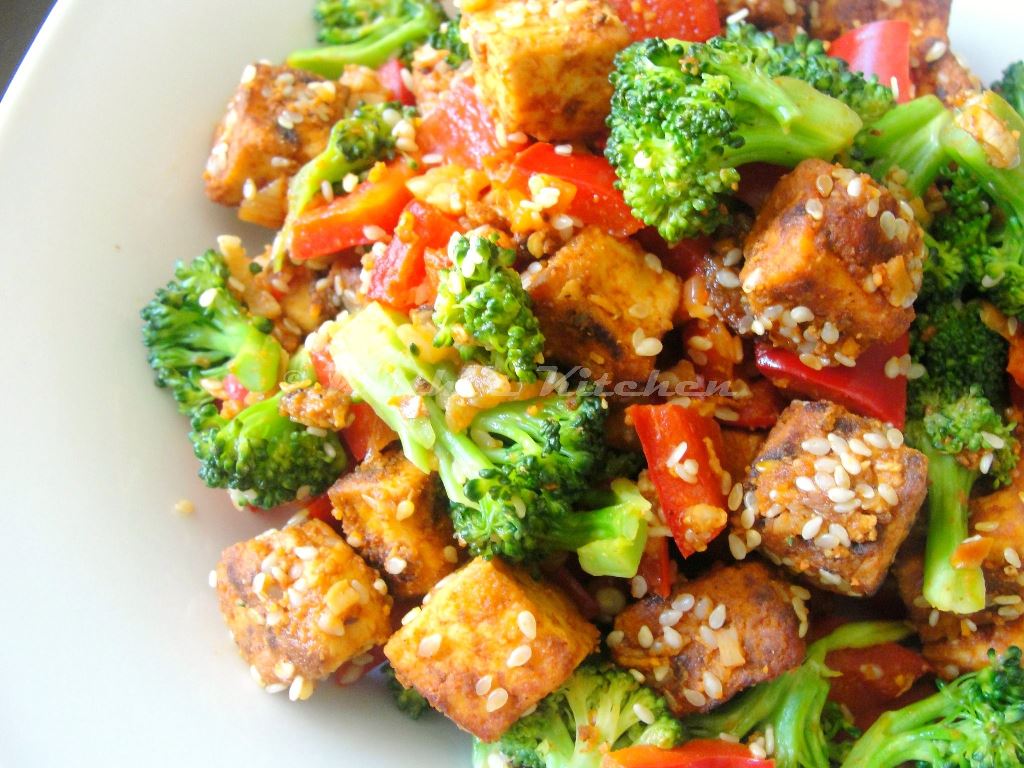 Krithi's Kitchen Sesame Crusted Tofu Salad with Broccoli and Bell