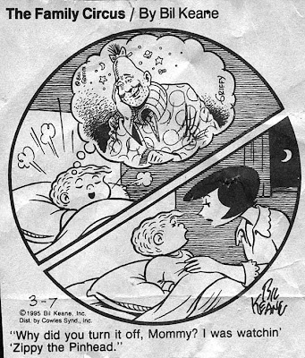 Family Circus cartoon of Jeffy sleeping and having dreams of Zippy the Pinhead