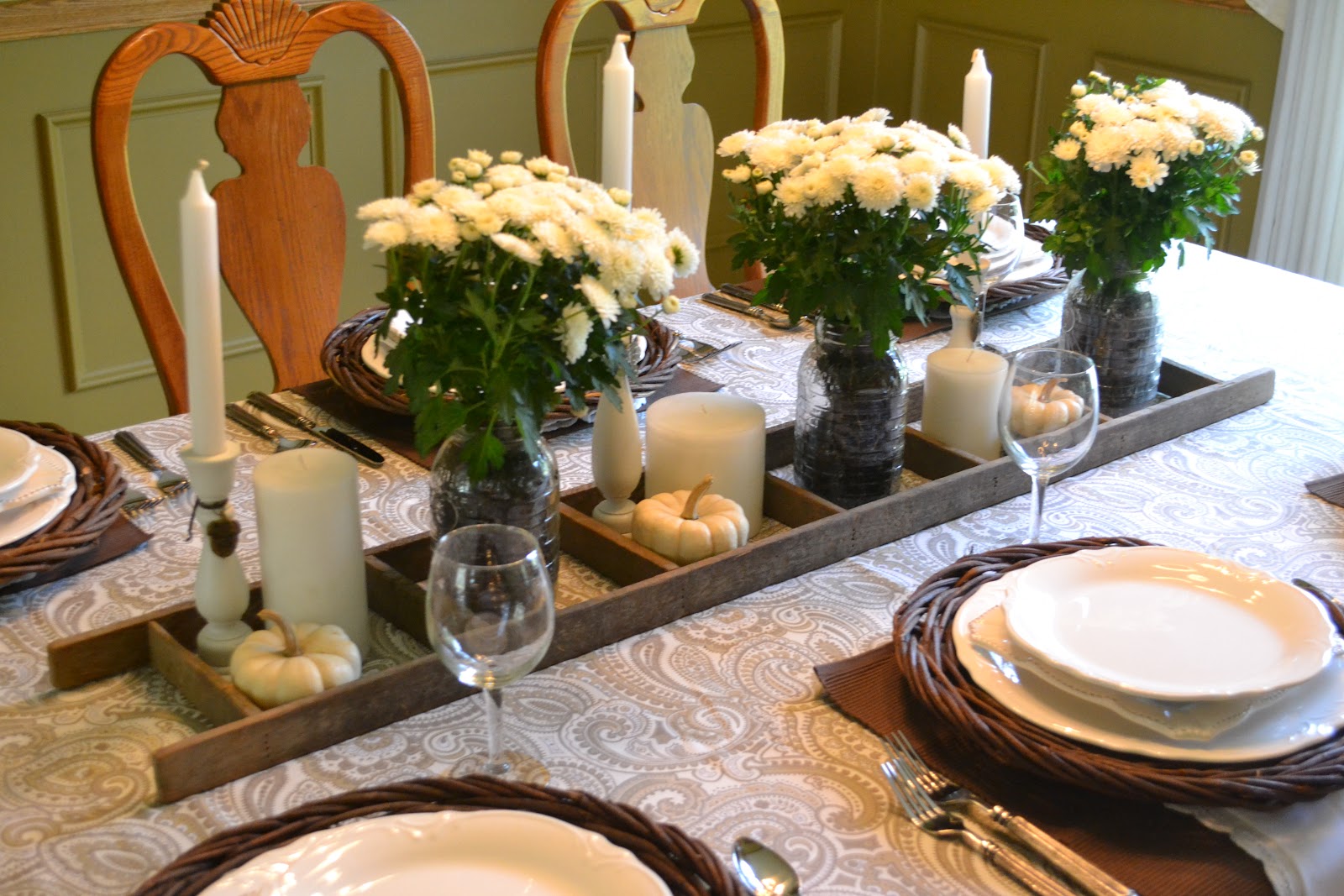 Corner of Plaid and Paisley: Brown and White Tablescape/A Hint of Fall
