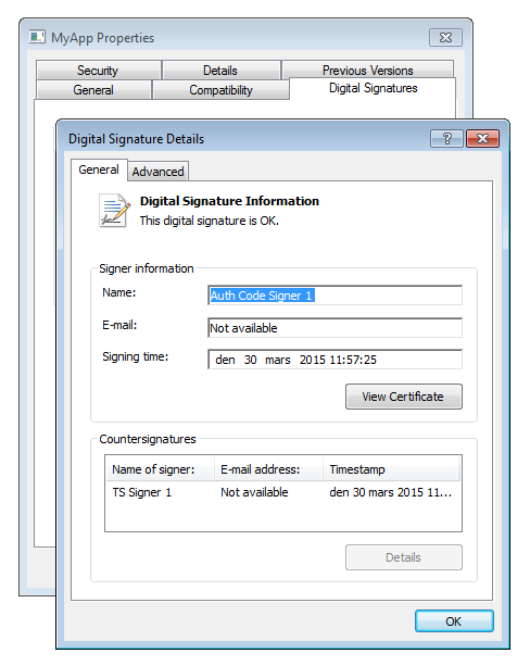 Signature details of a signed executable file.