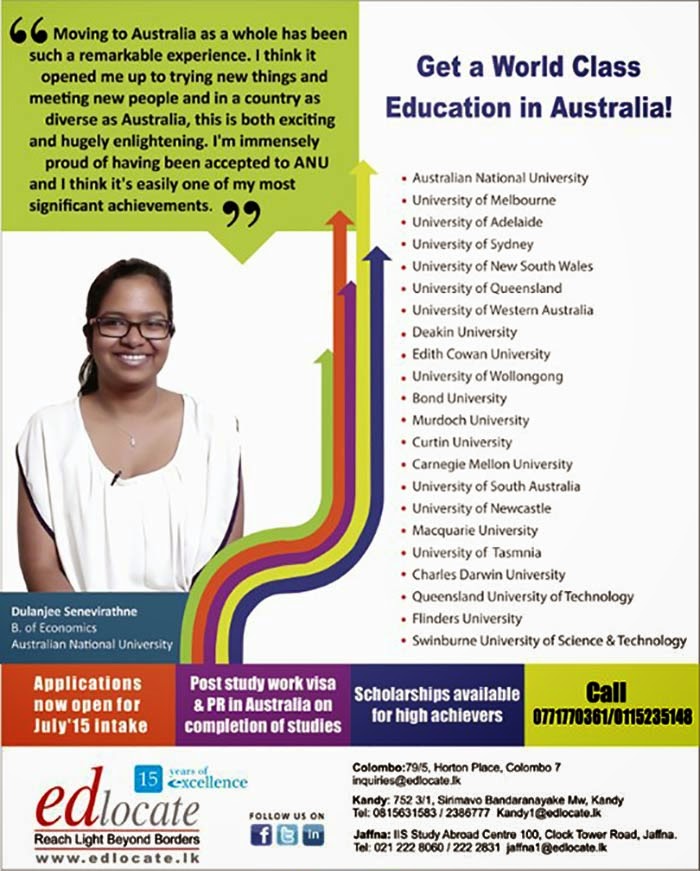 Edlocate is a premier student guidance agency in Sri Lanka and the Maldives for selected tertiary institutions in Australia, United Kingdom, New Zealand, Malaysia, China and India. Through these quality universities we represent, we offer a wide range of undergraduate & postgraduate courses which leads to skills in demand internationally. We also offer pathways to degree courses through Pre University Foundation Programs & Diplomas with excellent articulation to corresponding degrees. Specialty courses in hospitality trade with paid industry placements too are offered.