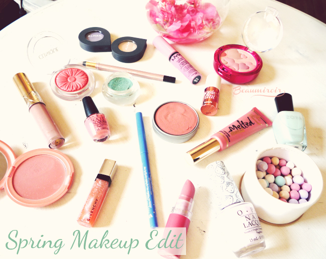 My selection of makeup products for spring for eyes, lips, cheeks and nails