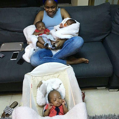 5 Nigerian couple share sweet pics of their adorable triplets as they turn 3 months