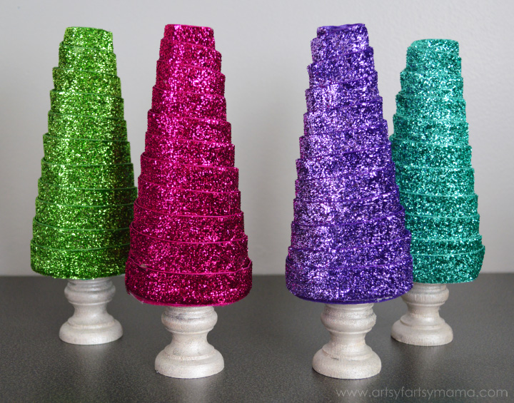 Glitter Ribbon Christmas Trees at artsyfartsymama.com