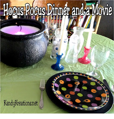 Make some fun and easy memories with your kids with a family themed dinner night.  This Hocus Pocus witch party is great for watching the Halloween movie Hocus Pocus.  You can use decorations and tableware you probably already have to create some amazing moments with your family at dinner tonight!