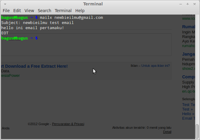 Hello mail. Linux Terminal Welcome message. Терминал via. Mailx.