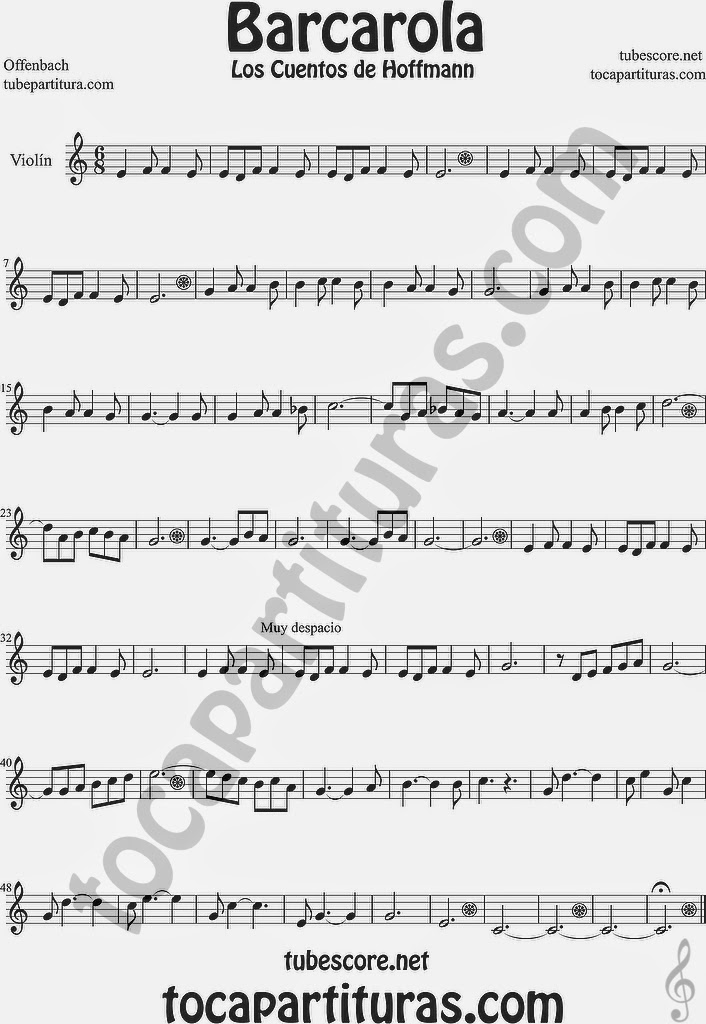 Barcarola Partitura de Violín Sheet Music for Violin Music Scores Music Scores Los cuentos de Hoffmann by Offenbach