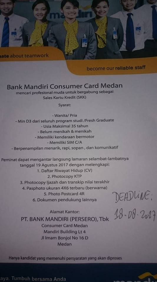 Lowongan Kerja Medan Admin dan Sales Bank Mandiri ...
