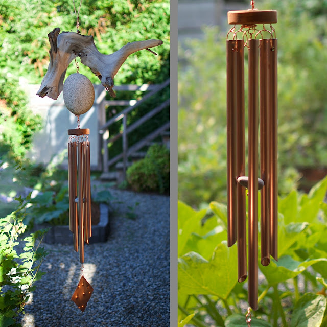 Driftwood and beach stone large outdoor copper wind chime