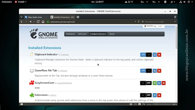 Gerenciando extensões do GNOME Shell através do Vivaldi no openSUSE Tumbleweed