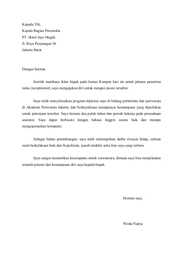 Contoh Surat Lamaran Di Hotel Aston Contoh Surat