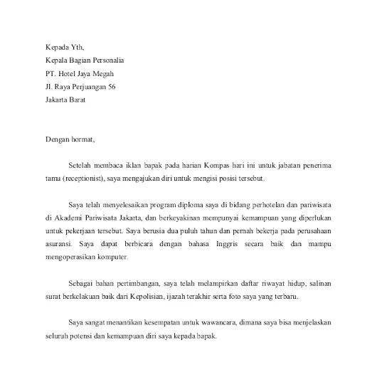 Contoh Surat Lamaran Kerja Bahasa Inggris Untuk Hotel Dapatkan Contoh