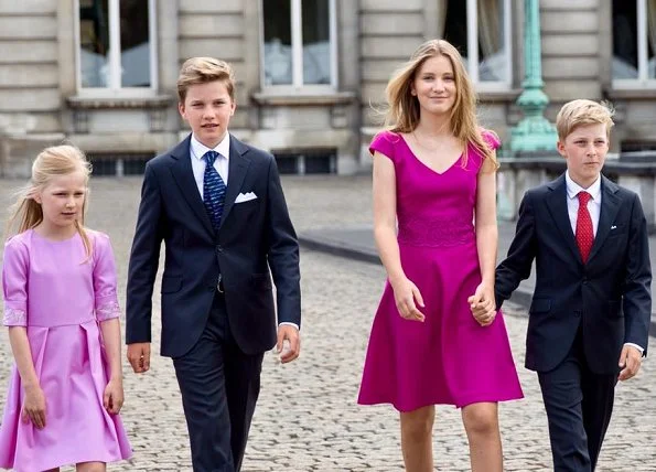 Queen Mathilde, Crown Princess Elisabeth, Princess Eleonore, Prince Gabriel and Prince Emmanuel at Belgian National Day. Natan Dress