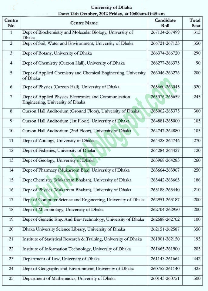 Dhaka University Ka Unit Admission Test 201213 Seat Plan
