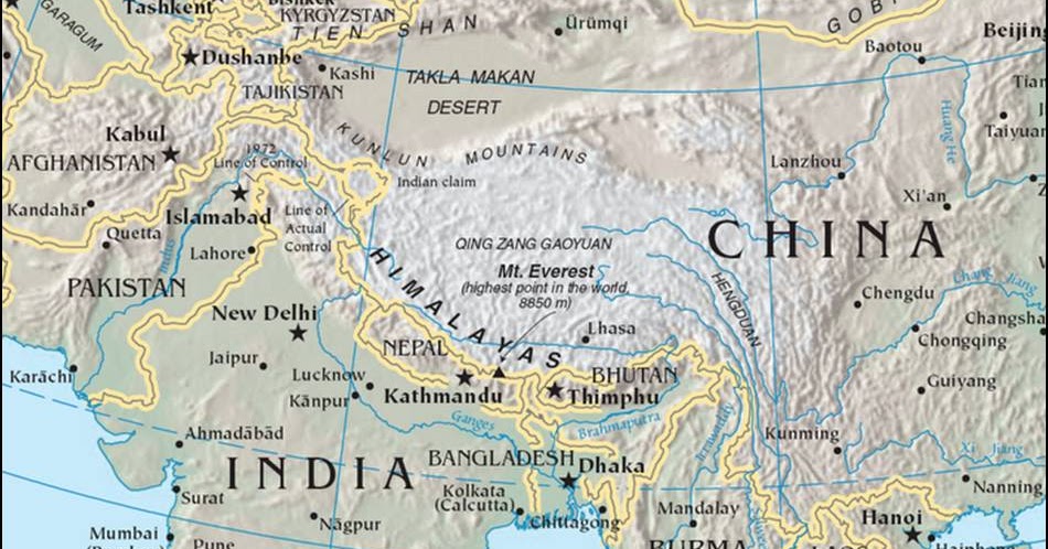 Kaart Himalaya: Kaart Himalaya met hoogste berg op aarde Mount Everest