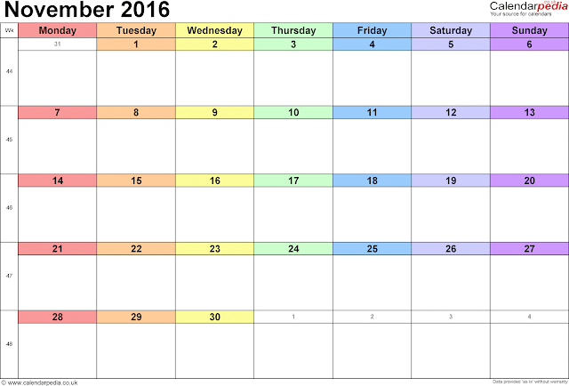 November 2016 Calendar, November 2016 Calendar Landscape, November 2016 Calendar Portrait, November 2016 Calendar A4, November Calendar 2016