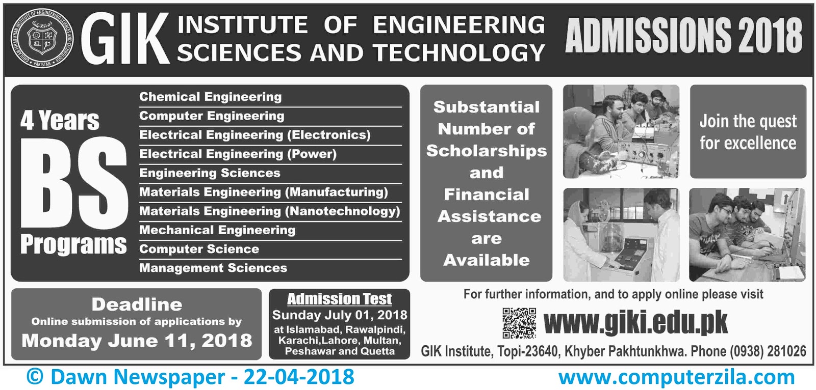 GIK Institute of Engineering, Sciences and Technology Admissions Fall 2018