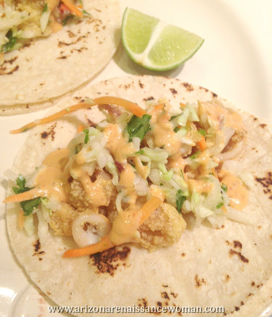 Buttermilk-Marinated Calamari Tacos with Jicama-Cabbage Slaw and Chipotle-Honey Aioli