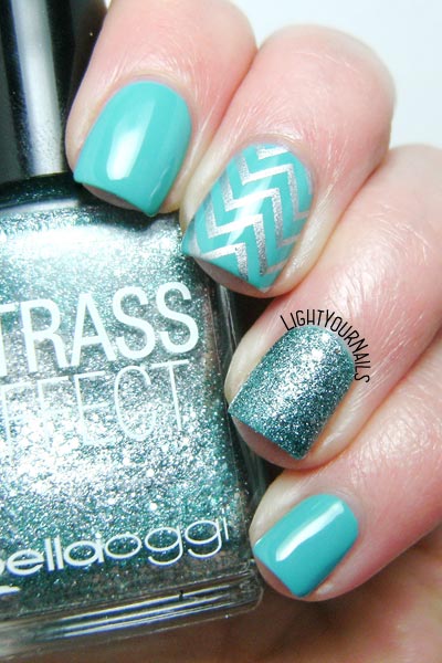 Tiffany blue and silver skittlette nail art