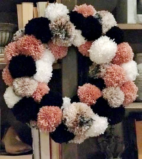 blush- white- black,-tweed- pom- pom -wreath-diy